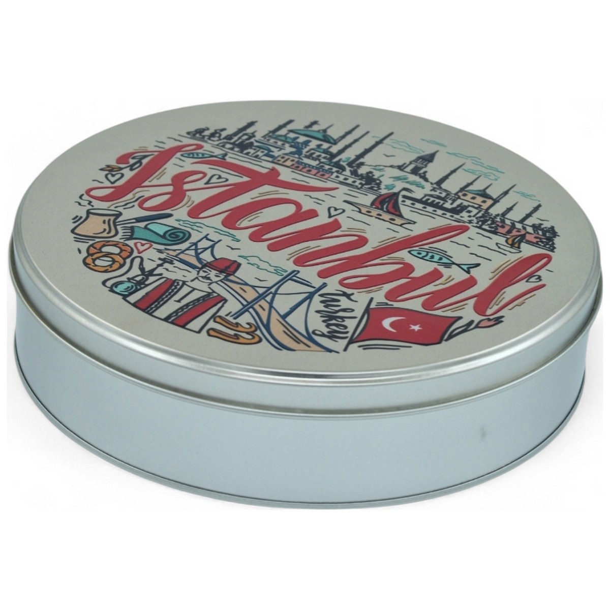 Custom Printed Dia 215 x H 55 mm Matte Silver Round Tin Box
