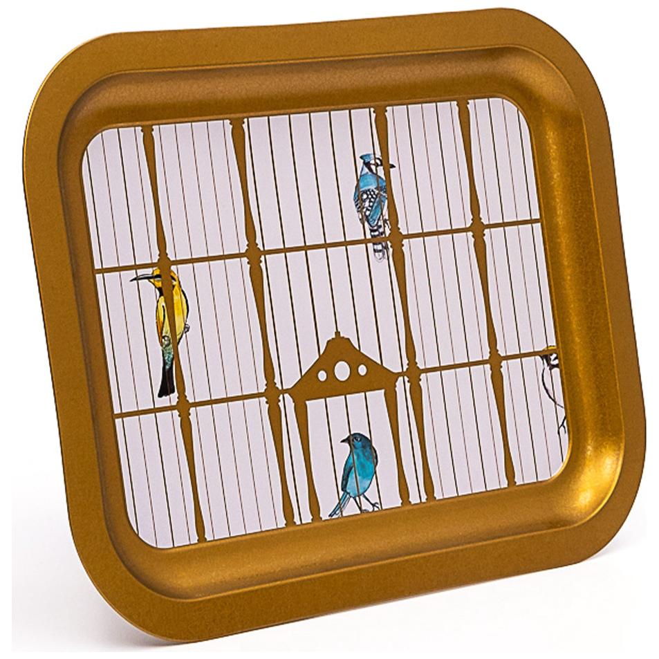 233 x 307 mm Rectangular Metal Tray Vintage Birdcage Illustration with Colorful Birds