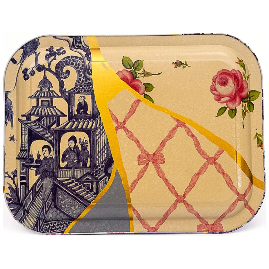233 x 307 mm Rectangular Metal Tray Kintsugi Gold vein Flower 