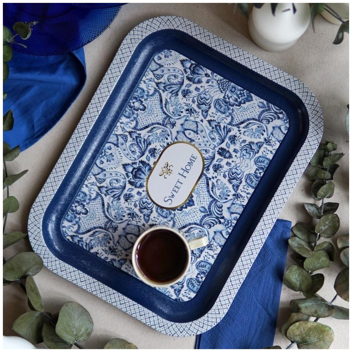 233 x 307 mm Rectangular Metal Tray Azulejo-Inspired Blue &amp; White Decorative Pattern