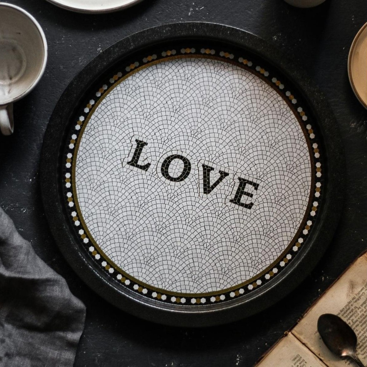  Ø370 mm Round Metal Tray  Geometric Mosaic Pattern