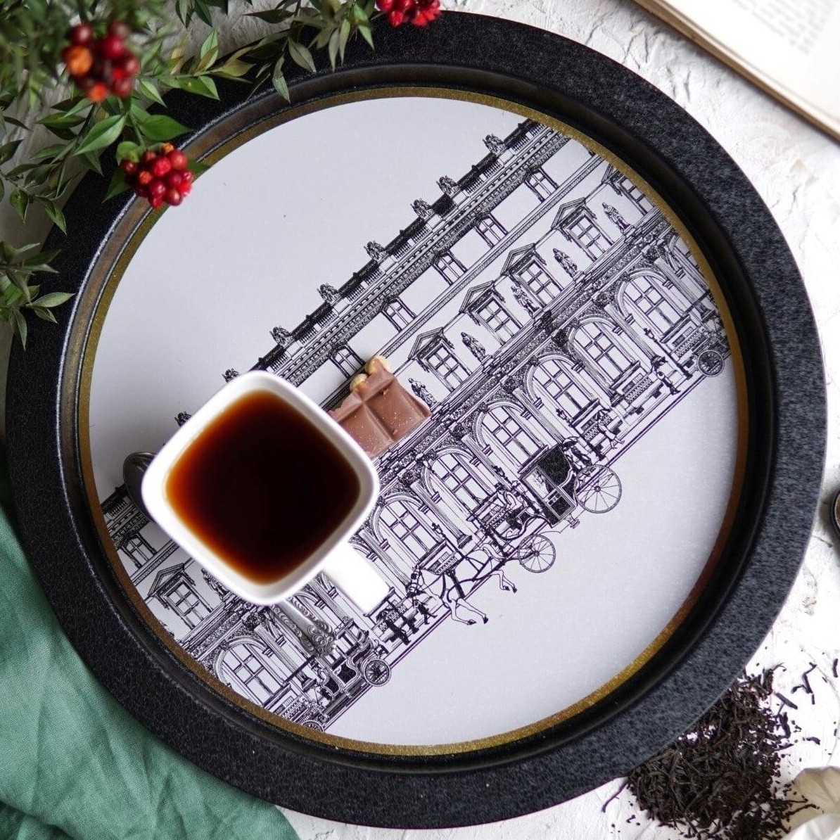  Ø370 mm Round Metal Tray  vintage cityscapes illustration