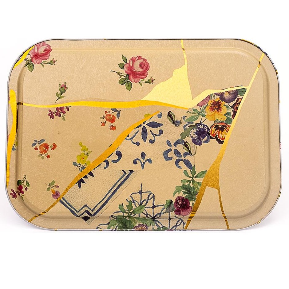 285x400 mm Rectangular Metal Tray Kintsugi Gold vein Flower 