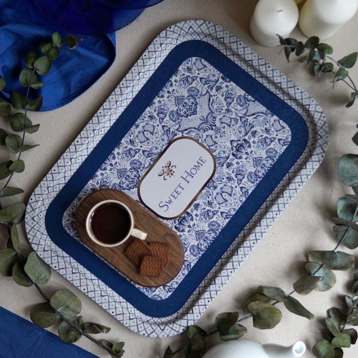 285x400 mm Rectangular Metal Tray Azulejo-Inspired Blue &amp; White Decorative Pattern