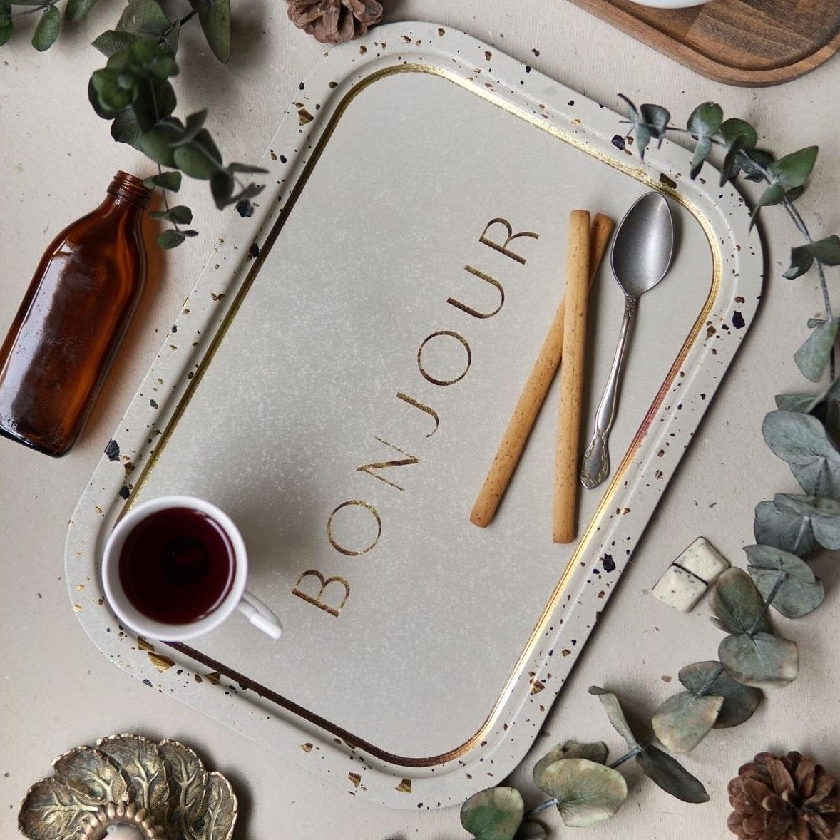 285x400 mm Rectangular Metal Tray Terrazzo Cream