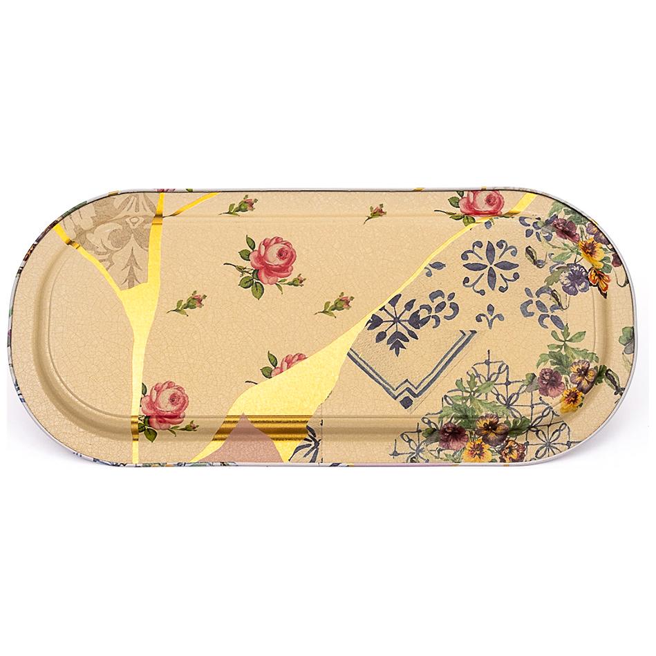 160x350 mm Rectangular Metal Tray Kintsugi Gold vein Flower 