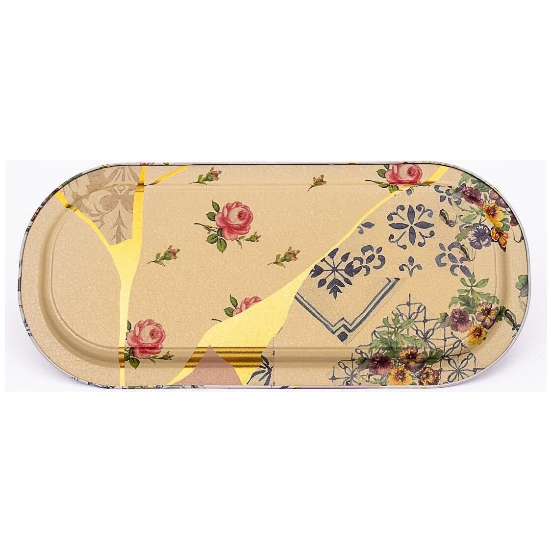 160x350 mm Rectangular Metal Tray Kintsugi Gold vein Flower 