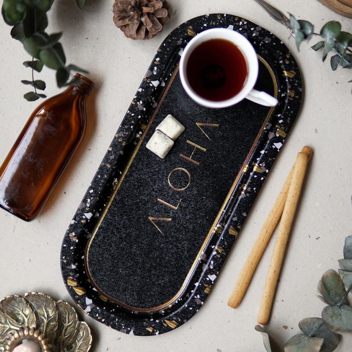 160x350 mm Rectangular Metal Tray Terrazzo Black