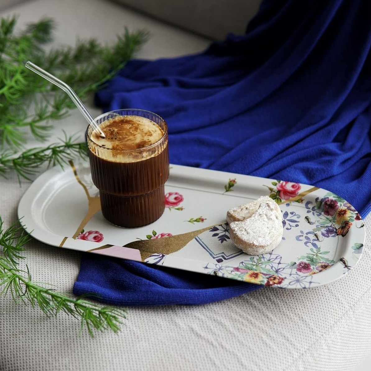 160x350 mm Rectangular Metal Tray Kintsugi Gold vein Flower 