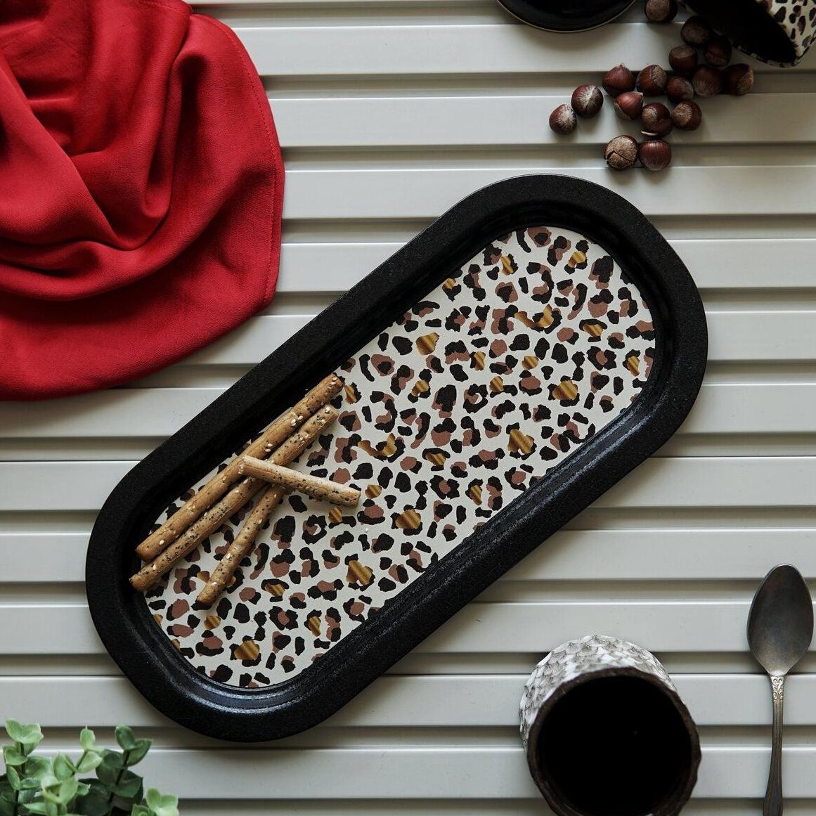 160x350 mm Rectangular Metal Tray Gold Leopard Print Pattern
