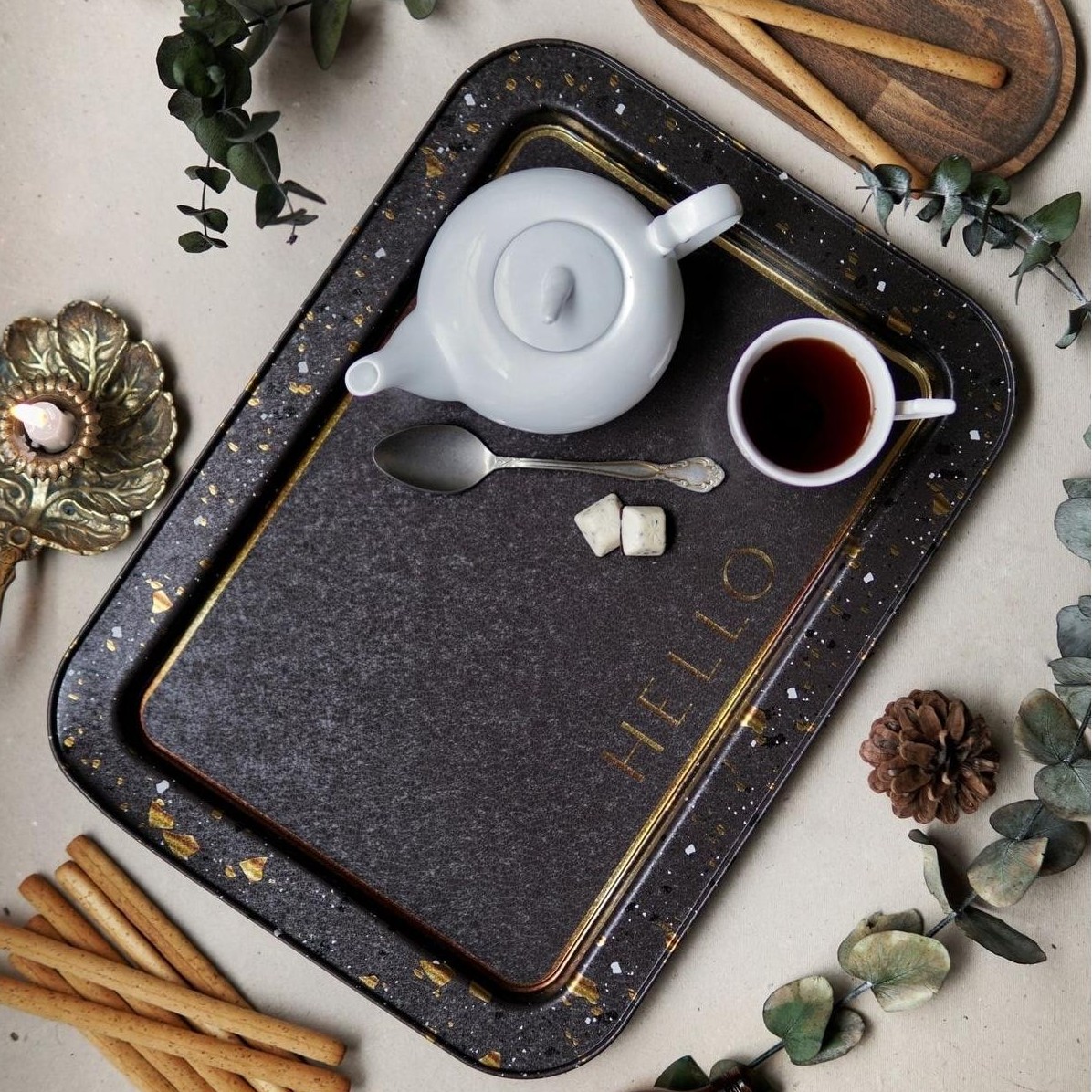 310x430 mm Metal Rectangular Tray Terrazzo Brown