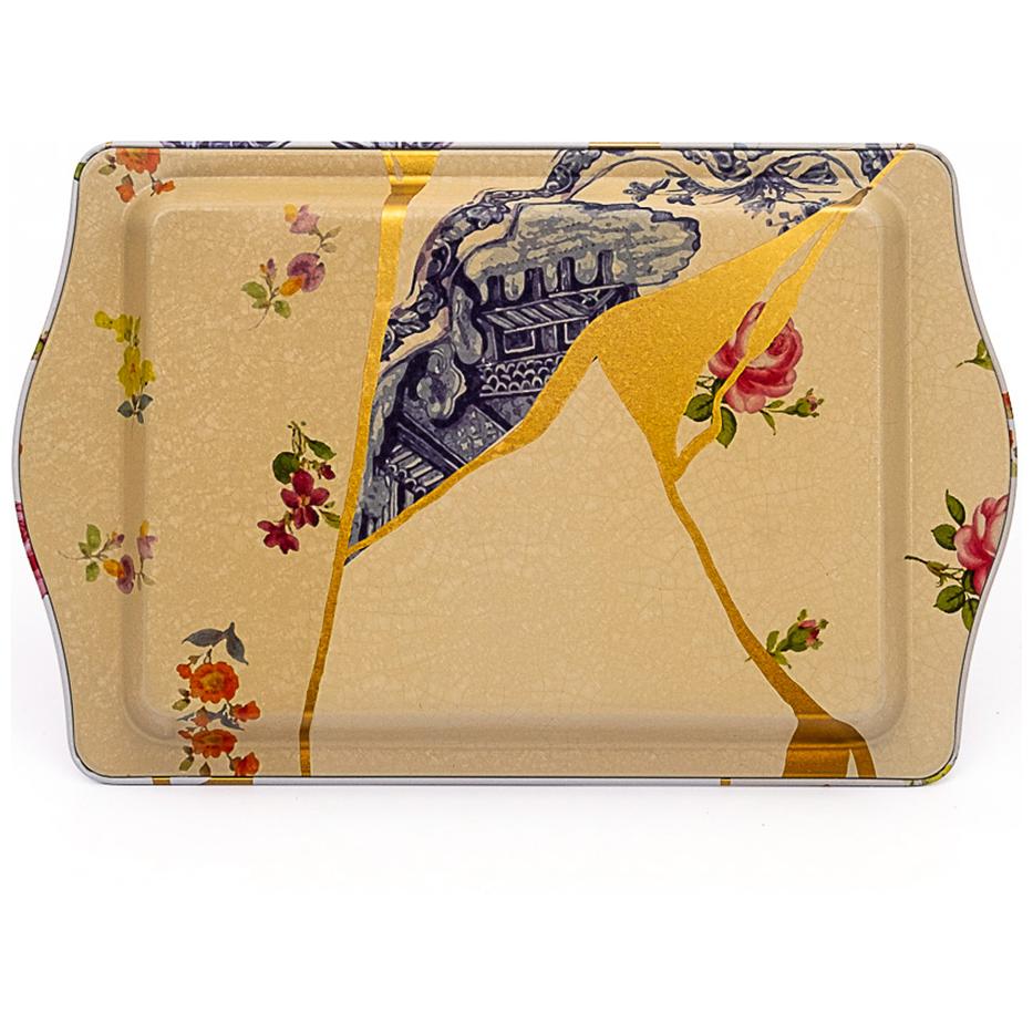 160 x 250 mm  Rectangular Metal Tray Handle Kintsugi Gold vein Flower 