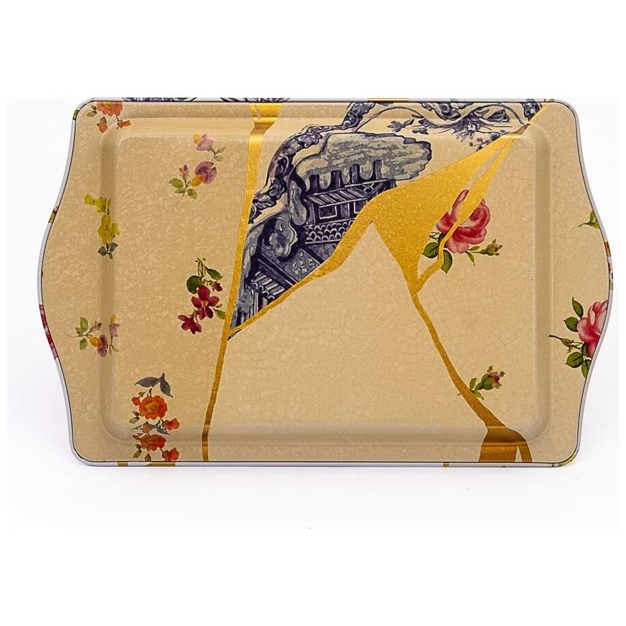 160 x 250 mm  Rectangular Metal Tray Handle Kintsugi Gold vein Flower 