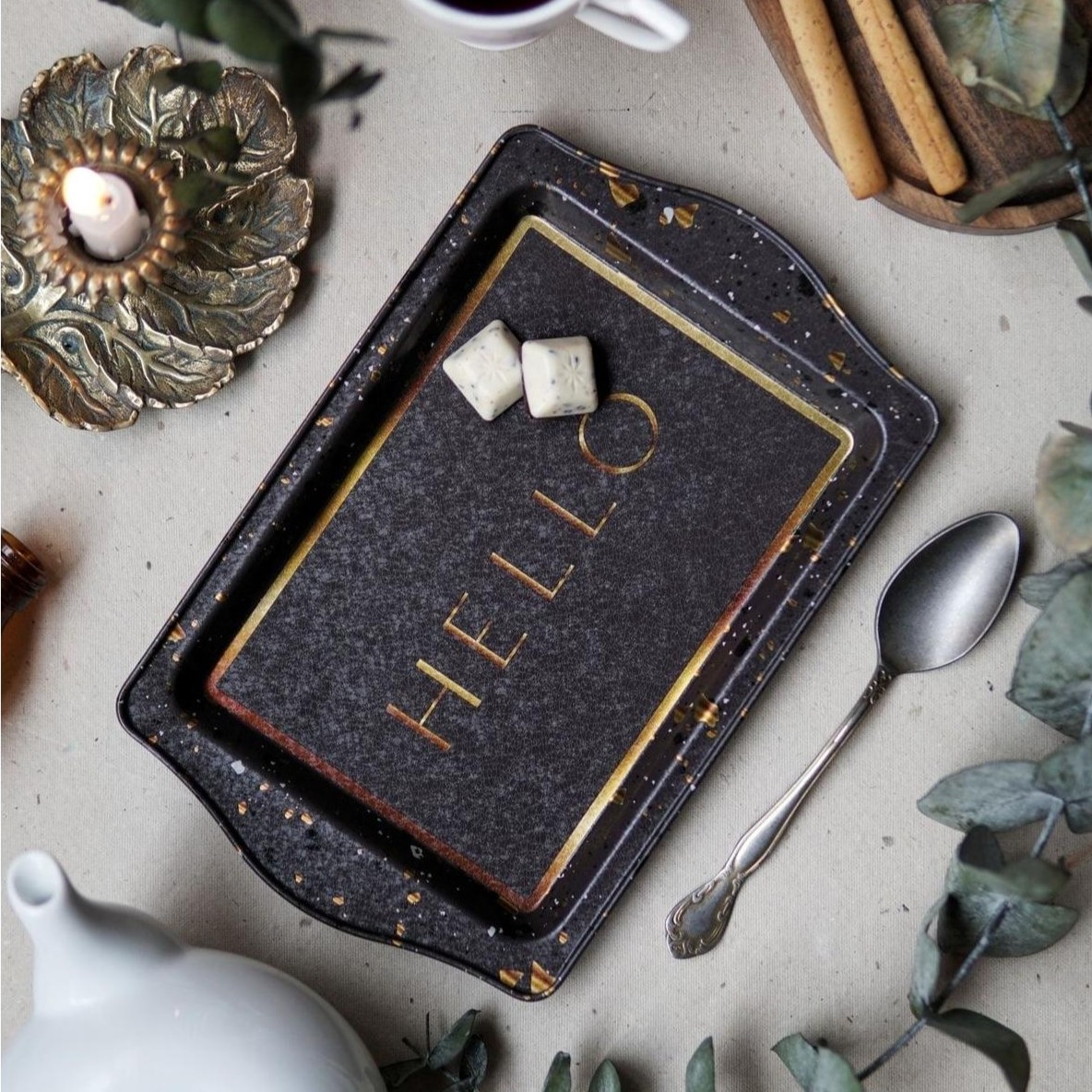 160 x 250 mm  Rectangular Metal Tray Handle Terrazzo Brown