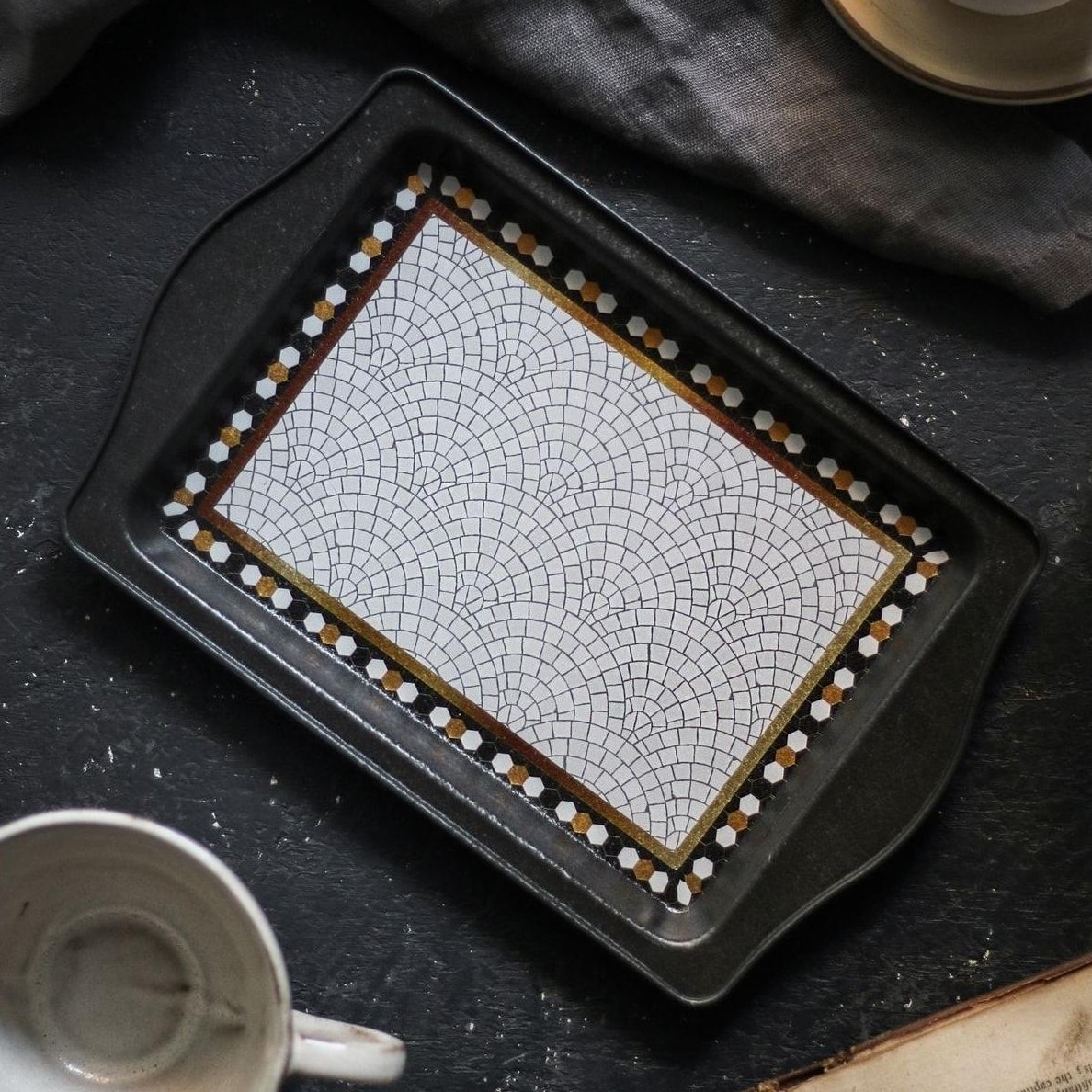 160 x 250 mm  Rectangular Metal Tray Handle Geometric Mosaic Pattern