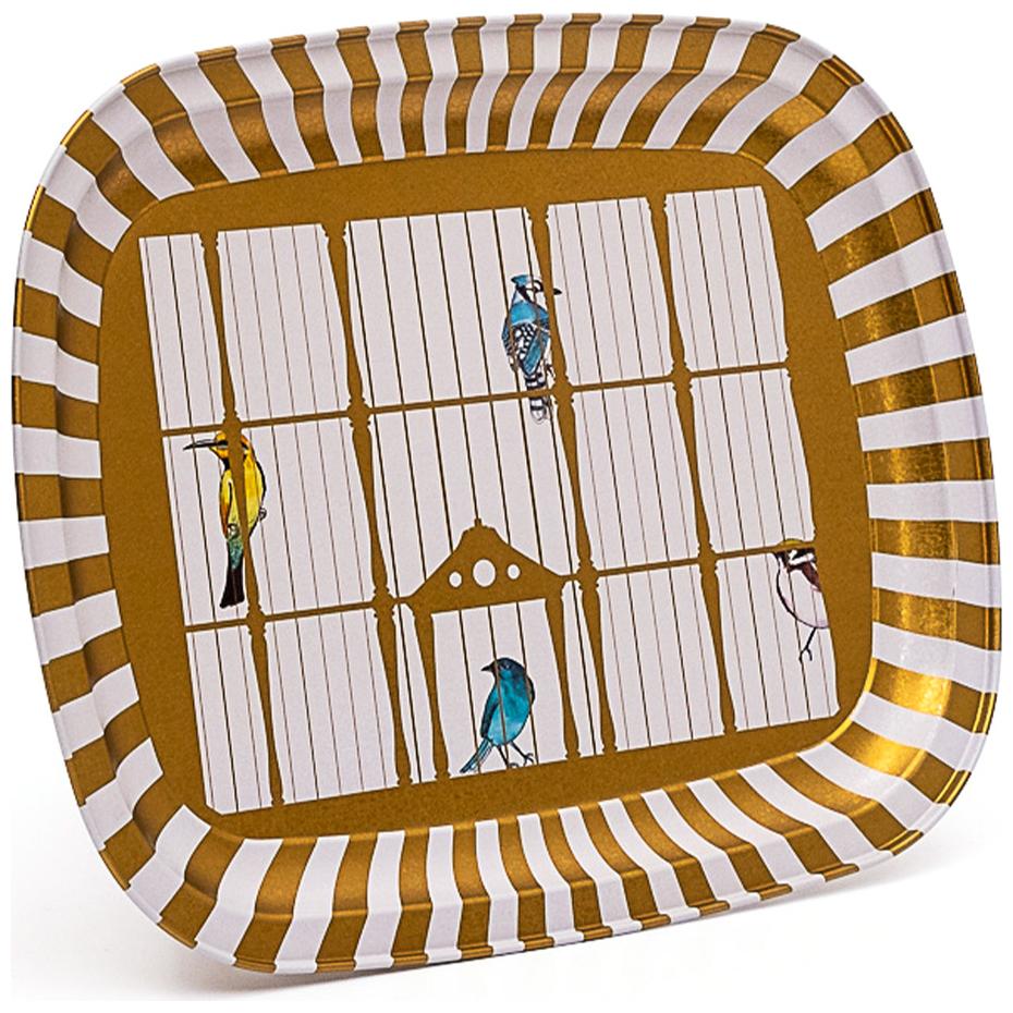 235 x 305 mm Metal Rectangular Tray Vintage Birdcage Illustration with Colorful Birds