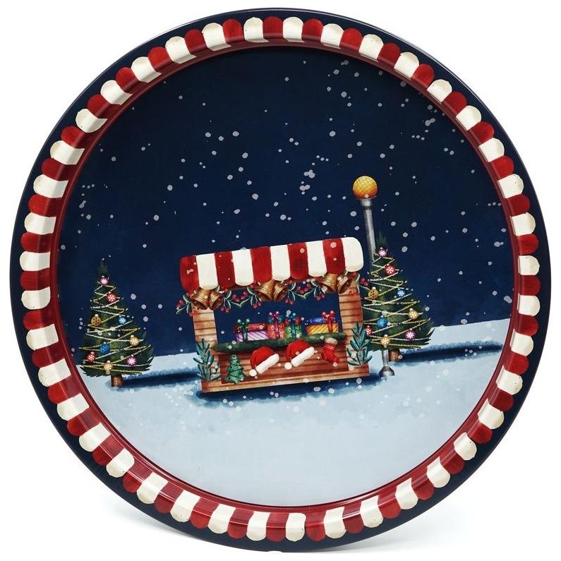 Ø315 mm Round Metal Tray  Gold Snow Crystal  red background 