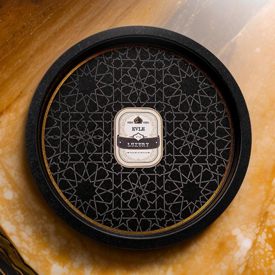 Ø315 mm Round Metal Tray  gold geometric pattern black background