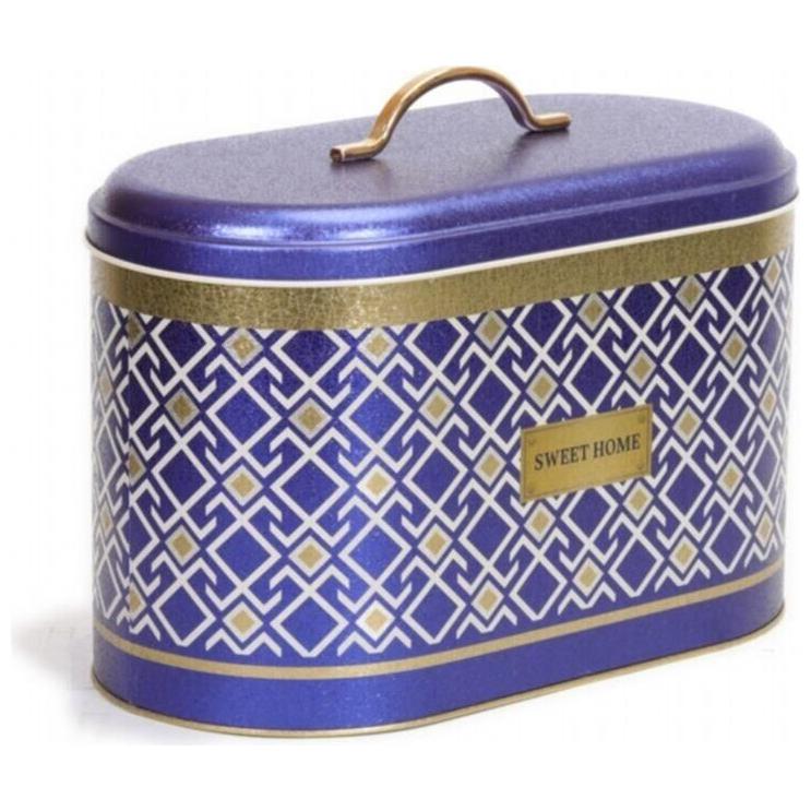 178 x 338 x 200 mm Metal Bread Box  Metal Handle 9.8L Seamless Pattern Design  Geometric Lines  Blue Background