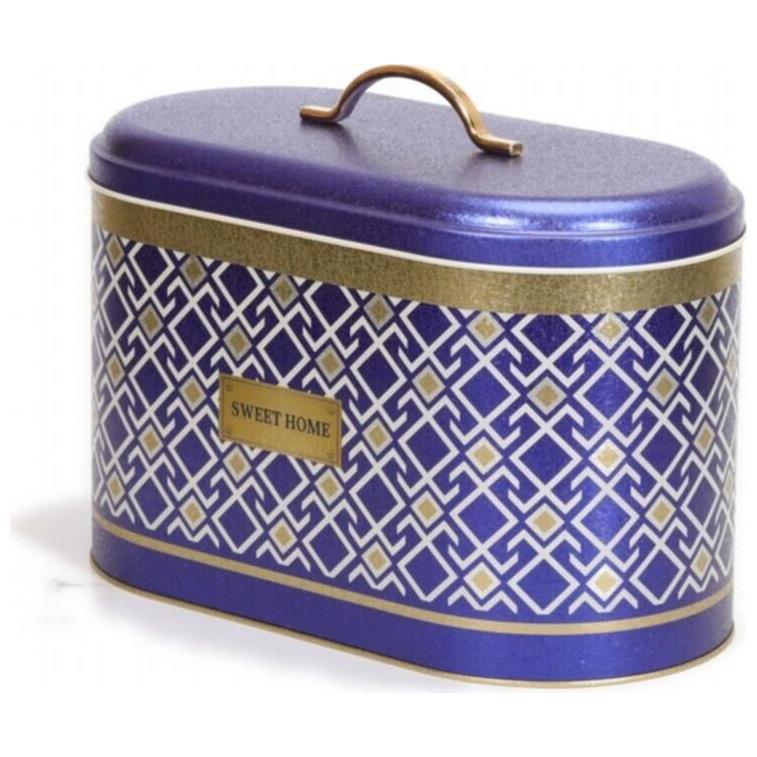 178 x 338 x 200 mm Metal Bread Box  Metal Handle 9.8L Seamless Pattern Design  Geometric Lines  Blue Background