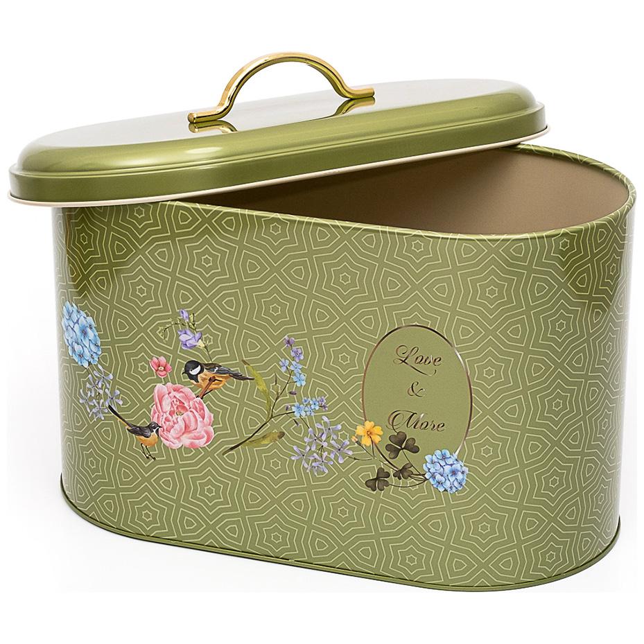 178 x 338 x 200 mm Metal Bread Box  Metal Handle 9.8L Floral Harmony with Birds on Geometric Green