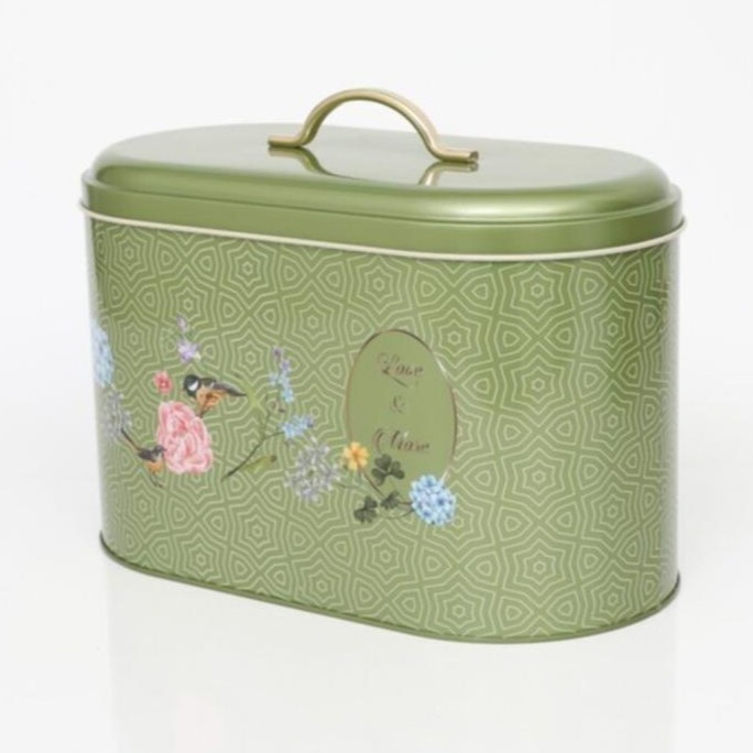 178 x 338 x 200 mm Metal Bread Box  Metal Handle 9.8L Floral Harmony with Birds on Geometric Green
