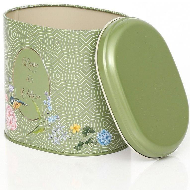 Oval Metal Tin – 140 x 120 x 130 mm (1.4L)  Floral Harmony with Birds on Geometric Green