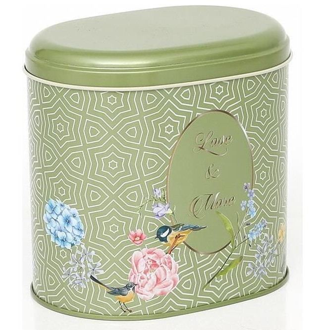 Oval Metal Tin – 140 x 120 x 130 mm (1.4L)  Floral Harmony with Birds on Geometric Green