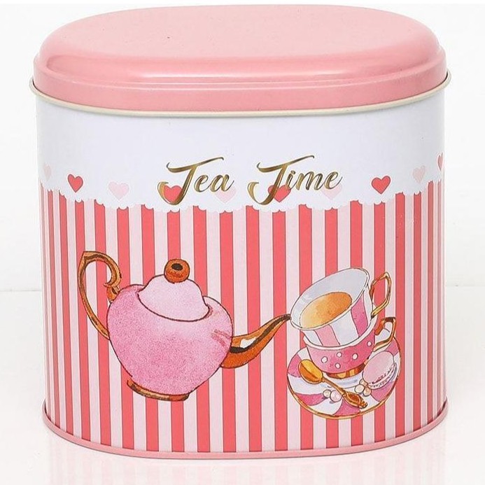 Oval Metal Tin – 140 x 120 x 130 mm (1.4L)  Tea Pot  and cup pink line background