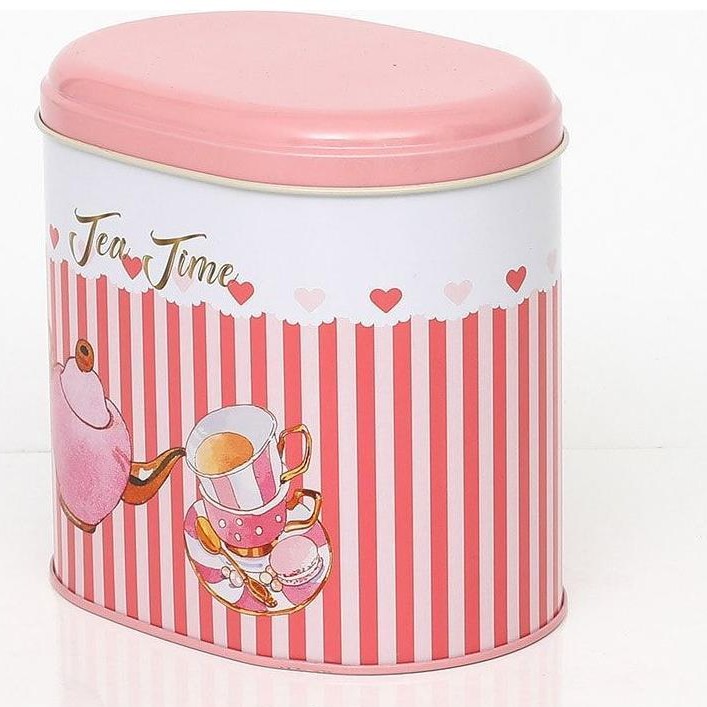 Oval Metal Tin – 140 x 120 x 130 mm (1.4L)  Tea Pot  and cup pink line background