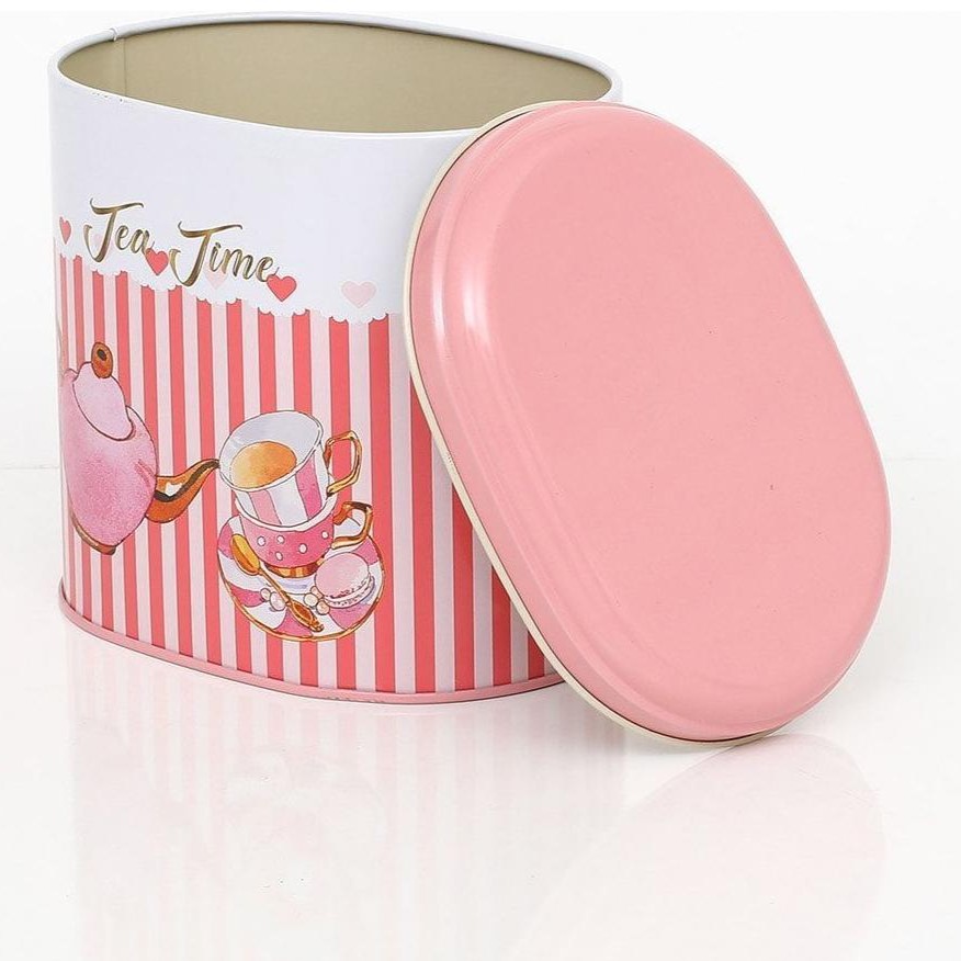 Oval Metal Tin – 140 x 120 x 130 mm (1.4L)  Tea Pot  and cup pink line background