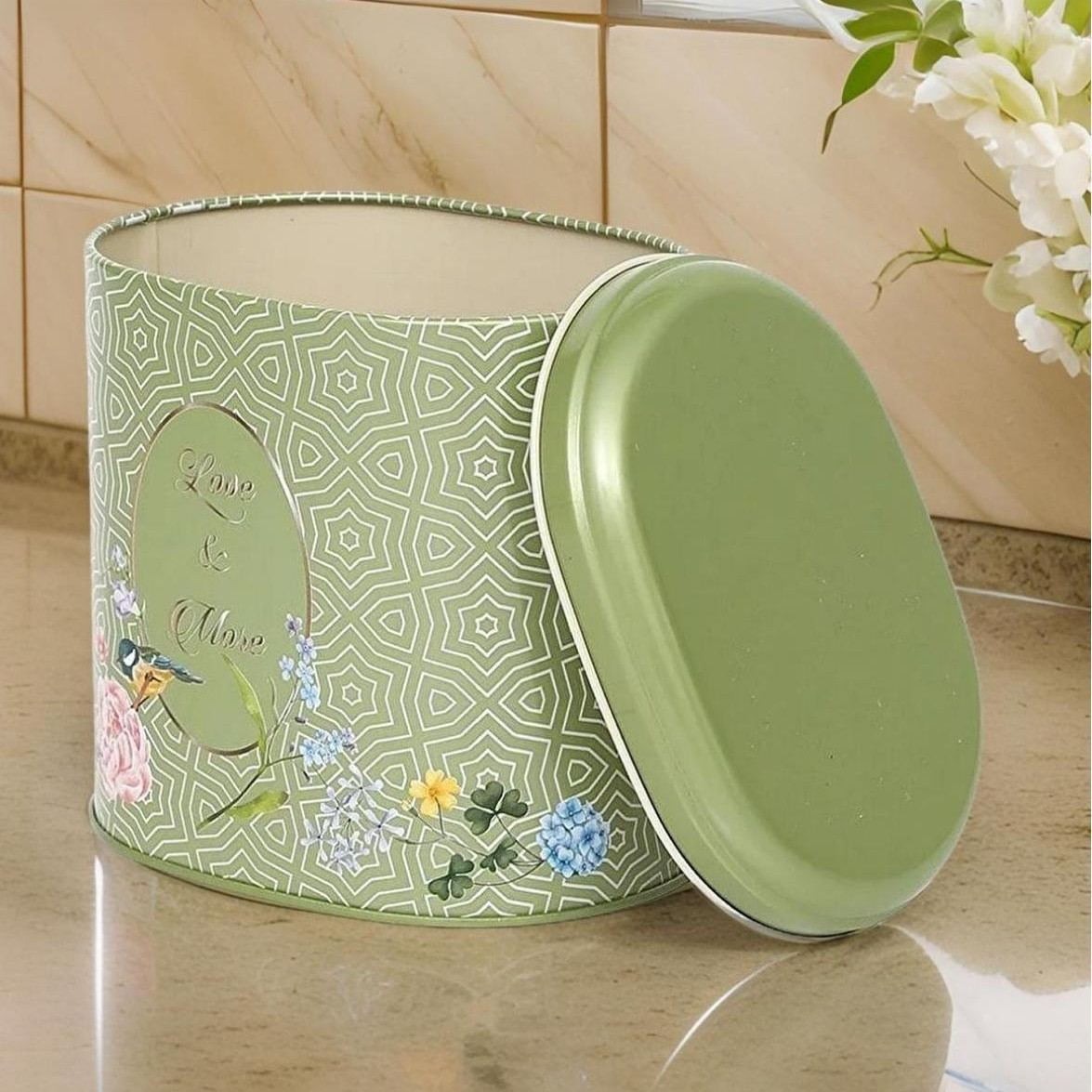 Oval Metal Tin – 140 x 120 x 130 mm (1.4L)  Floral Harmony with Birds on Geometric Green