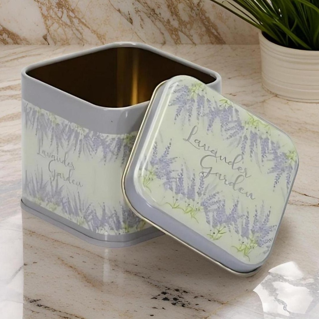 90x90x80 mm Square Tin Box  0.6 L  Slip Lid Lavander Garden