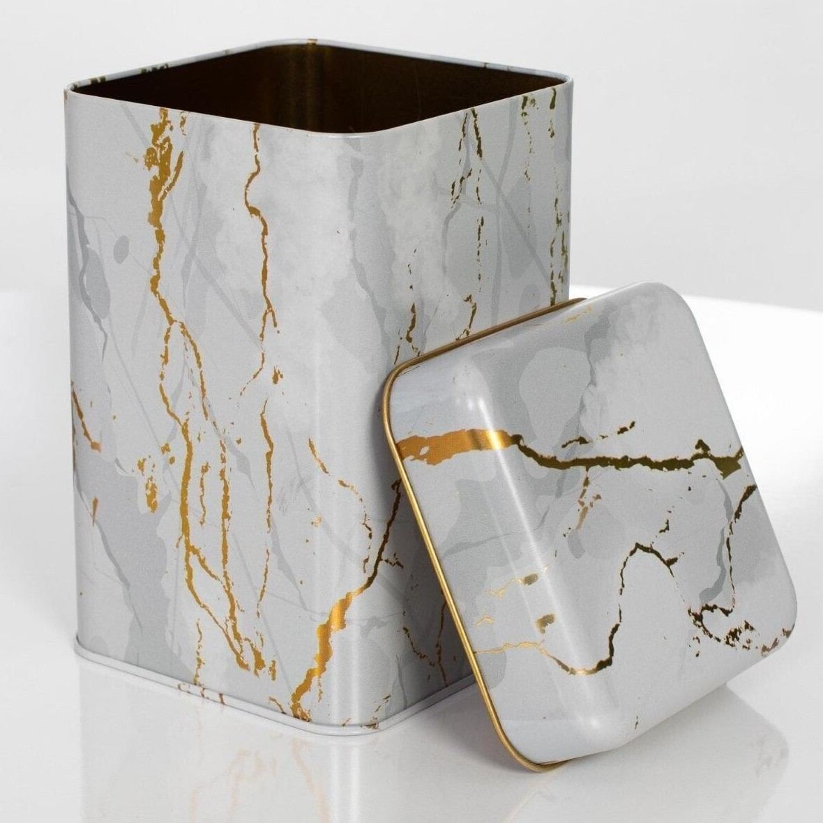 105x105x160 mm Square Tin Box  1.7 L  Slip Lid Marble White