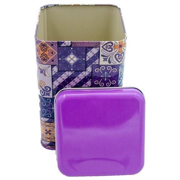 105x105x160 mm Square Tin Box  1.7 L  Slip Lid Purple Plaid Flat Purple