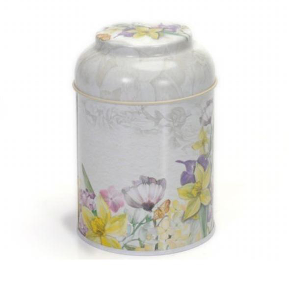 Ø90 x 110 mm  Round Metal Tin – 0.6L with Dome Lid Flower Gray