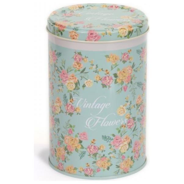 Ø105x130 mm Round Tin Box  1L  Wire Clasp and Transparent Lid Vintage Flowers