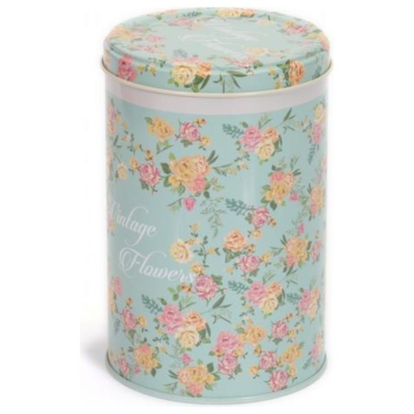 Ø105x130 mm Round Tin Box  1L  Wire Clasp and Transparent Lid Vintage Flowers