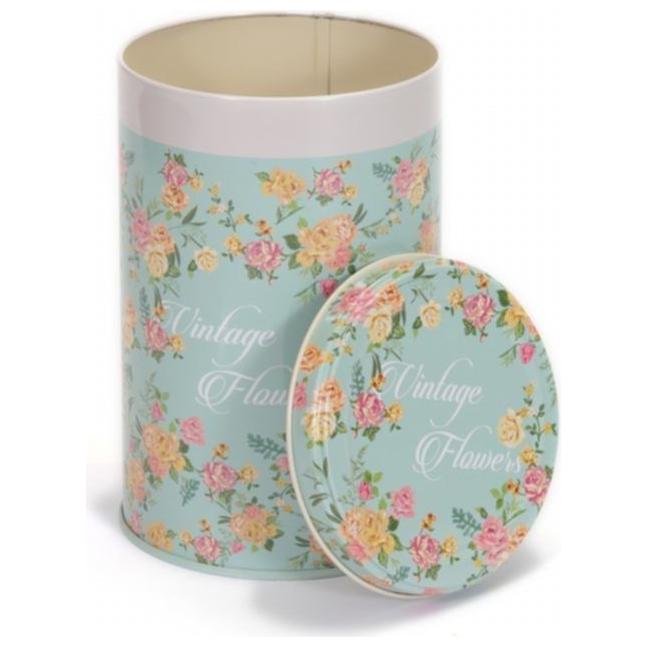 Ø105x130 mm Round Tin Box  1L  Wire Clasp and Transparent Lid Vintage Flowers
