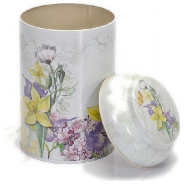 Ø105 x 150 mm  Round Metal Tin – 1.2L with Dome Lid Flower Gray