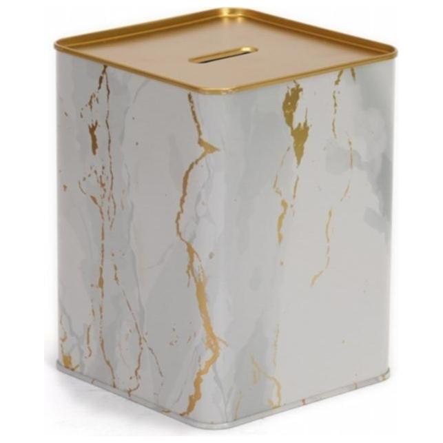 Metal Square Coin Bank 120x120x160 mm 2.1L Marble White Gold
