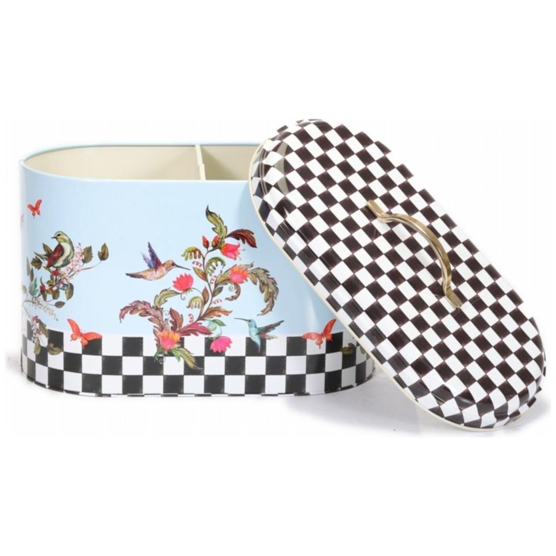  178 x 338 x 200 mm Metal Divided Detergent Bin with Metal Handle  Checkerboard Bird Flowers