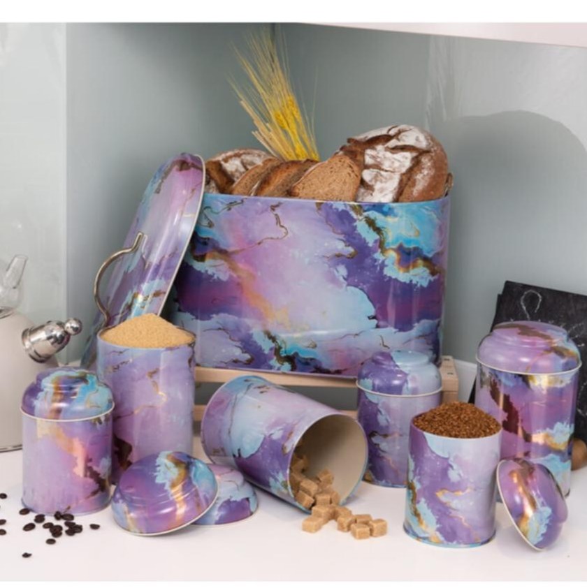 7 Pcs Round Tin Box Kitchen Set Dome Lid Pink and Gold Marble Texture Liquid Purple Design
