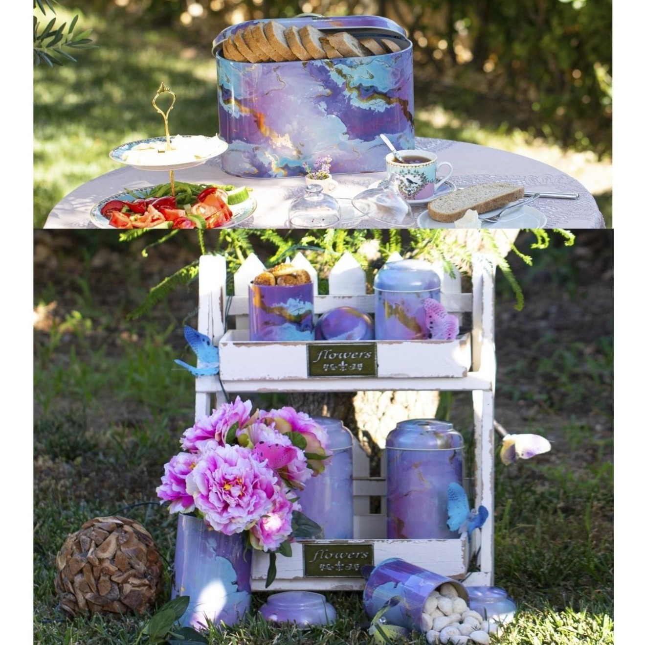 7 Pcs Round Tin Box Kitchen Set Dome Lid Pink and Gold Marble Texture Liquid Purple Design