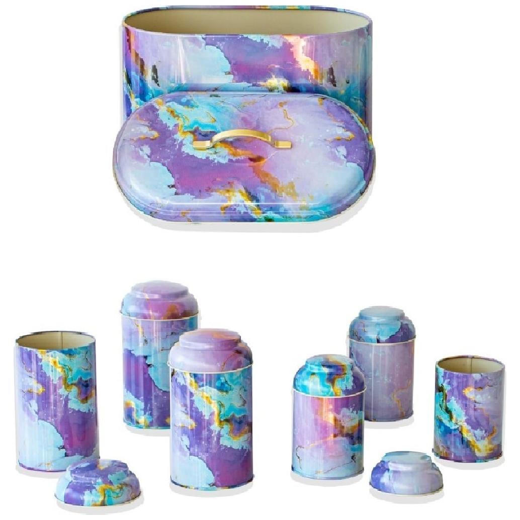 7 Pcs Round Tin Box Kitchen Set Dome Lid Pink and Gold Marble Texture Liquid Purple Design