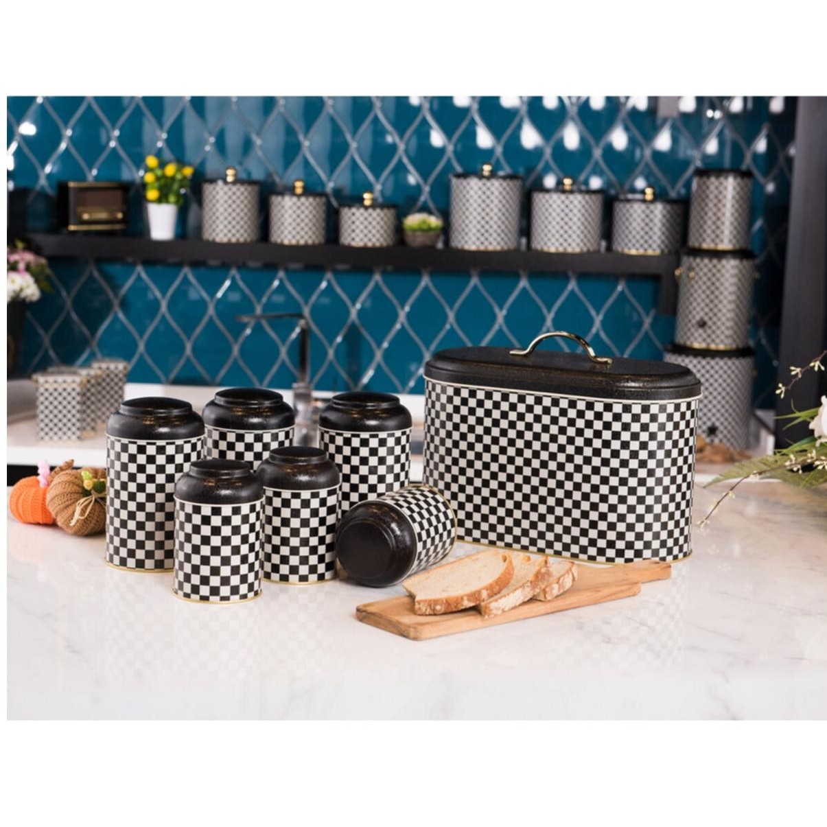 7 Pcs Round Tin Box Kitchen Set Dome Lid  Checkerboard Line Design