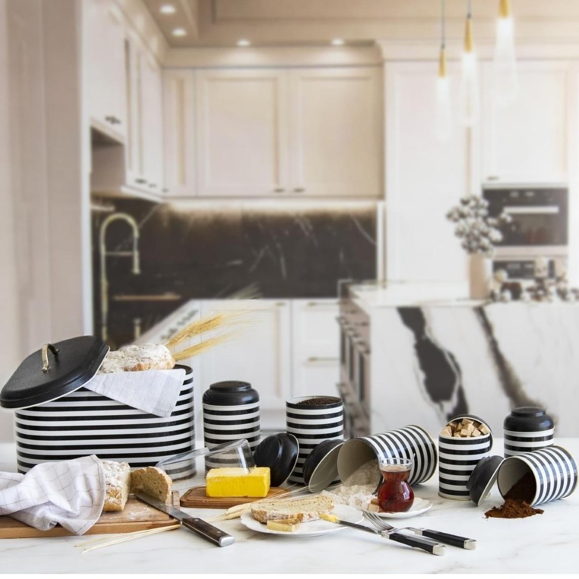 7 Pcs Round Tin Box Kitchen Set Dome Lid  Checkerboard Line Design