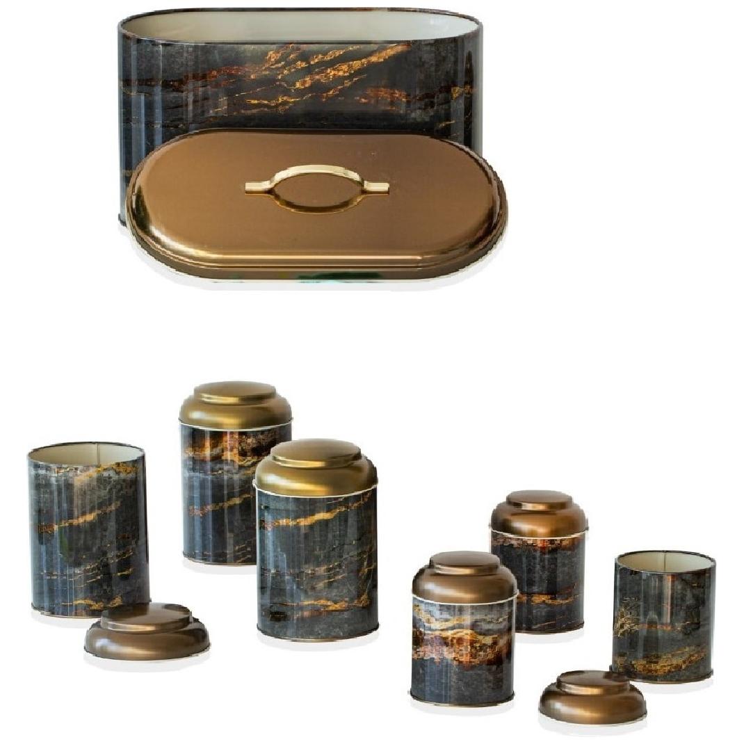 7 Pcs Round Tin Box Kitchen Set Dome Lid Rock and Gold Rock and Gold Design