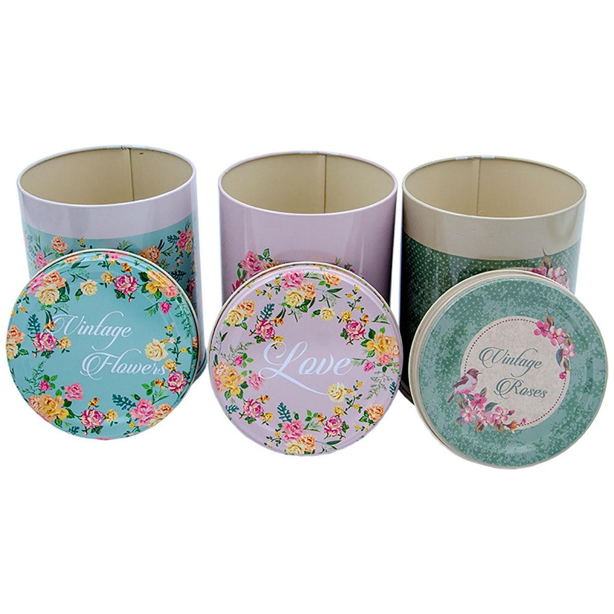 Ø105 x 150 mm Round Metal Storage Box  Set ( Set of 3) Dome Lid Roses Sanabella Design
