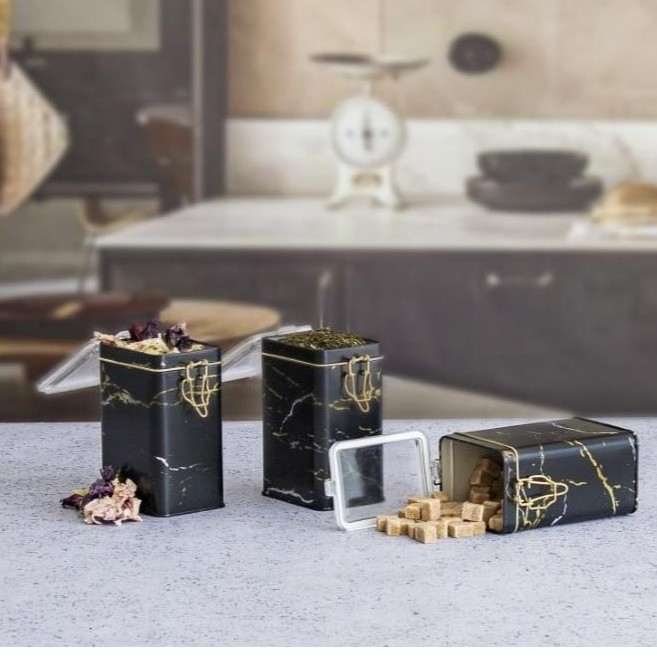 Rectangular Metal Box  set 75x100x150 mm (3 Pcs ) Wire Clasp and Transparent Lid Marble Black Marble Black Design
